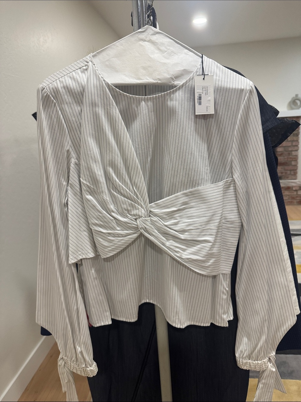Milly White Pinstripe Knot-Front Long Sleeve Blouse